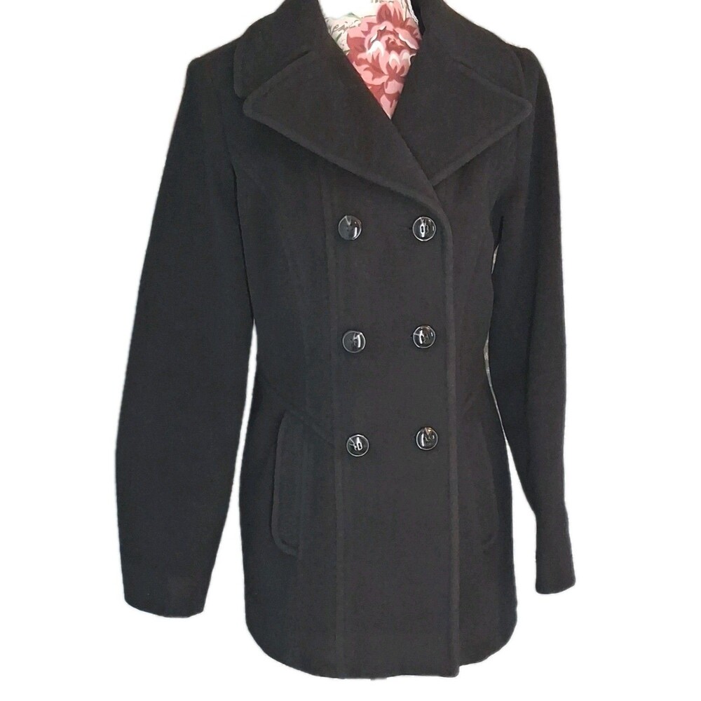 Anne Klein Womens S Black Wool Double-Breasted Pea Coat Collared Dark Academia